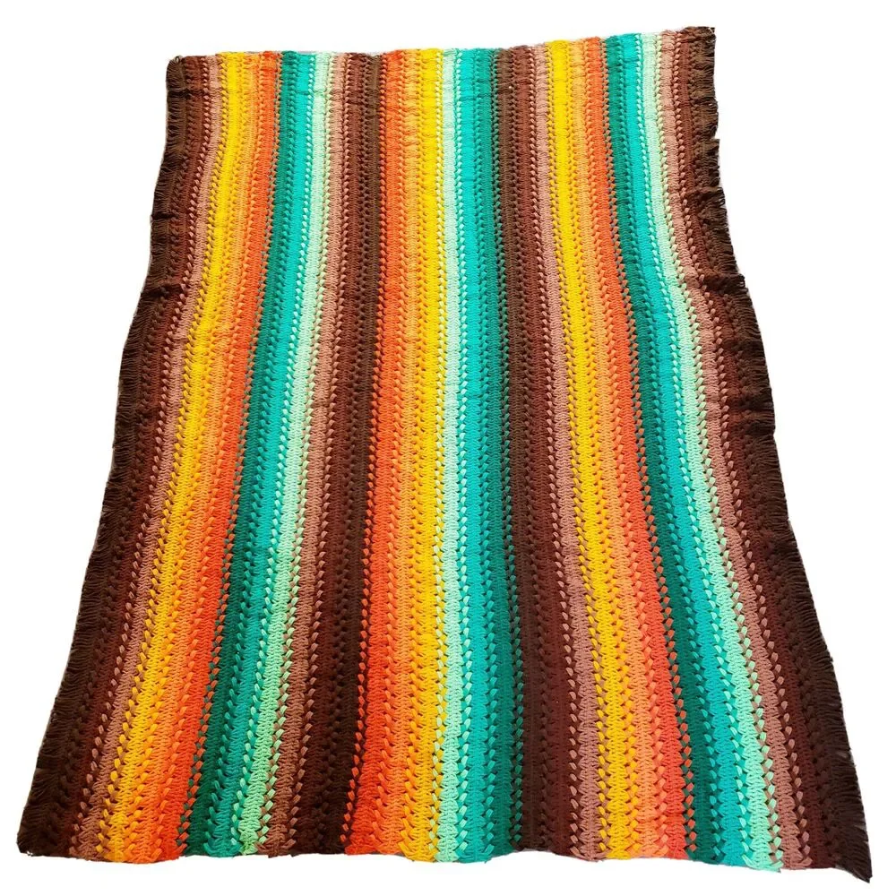 Vintage Afghan Crochet Throw Blanket Brown Green Orange Stripes Fringe MCM